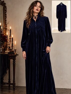 Vintage 70s Saybury Navy Velvet Velour Maxi Dress Retro Goth